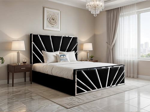 Bostan Silver Sunburst Panel Upholstered Bed Set with Floor Standing Headboard, Footboard & Storage Upgrade Option