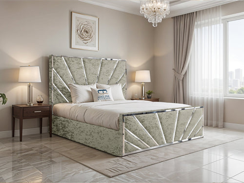 Bostan Silver Sunburst Panel Upholstered Bed Set with Floor Standing Headboard, Footboard & Storage Upgrade Option