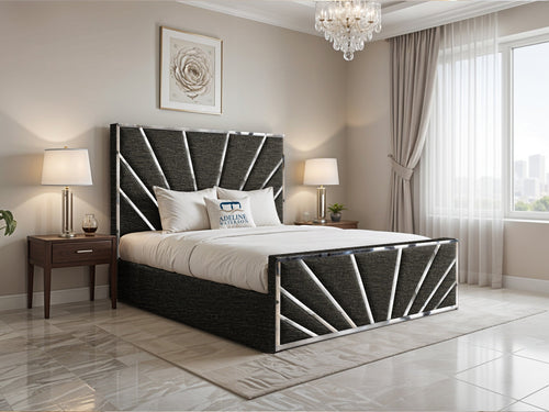 Bostan Silver Sunburst Panel Upholstered Bed Set with Floor Standing Headboard, Footboard & Storage Upgrade Option