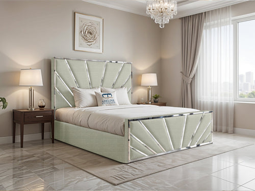 Bostan Silver Sunburst Panel Upholstered Bed Set with Floor Standing Headboard, Footboard & Storage Upgrade Option