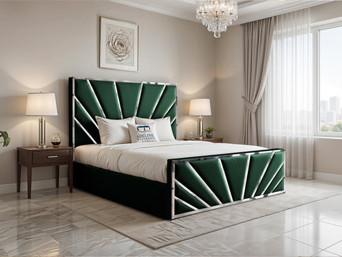 Bostan Silver Sunburst Panel Upholstered Bed Set with Floor Standing Headboard, Footboard & Storage Upgrade Option