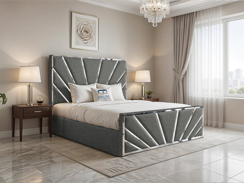 Bostan Silver Sunburst Panel Upholstered Bed Set with Floor Standing Headboard, Footboard & Storage Upgrade Option