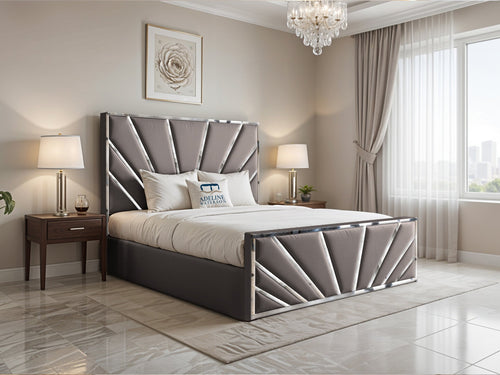 Bostan Silver Sunburst Panel Upholstered Bed Set with Floor Standing Headboard, Footboard & Storage Upgrade Option
