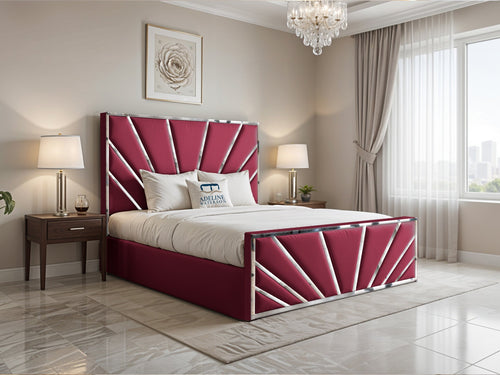 Bostan Silver Sunburst Panel Upholstered Bed Set with Floor Standing Headboard, Footboard & Storage Upgrade Option