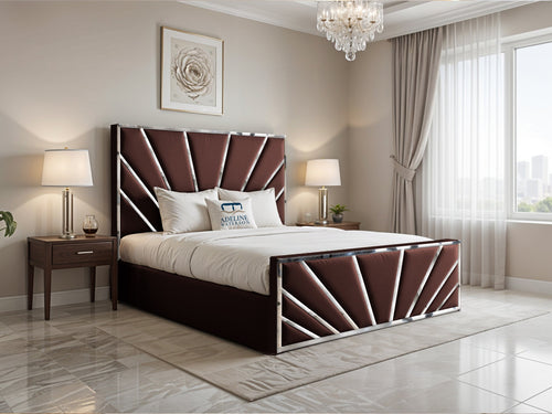 Bostan Silver Sunburst Panel Upholstered Bed Set with Floor Standing Headboard, Footboard & Storage Upgrade Option