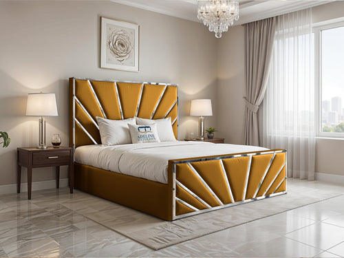 Bostan Silver Sunburst Panel Upholstered Bed Set with Floor Standing Headboard, Footboard & Storage Upgrade Option