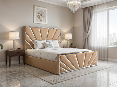 Bostan Silver Sunburst Panel Upholstered Bed Set with Floor Standing Headboard, Footboard & Storage Upgrade Option