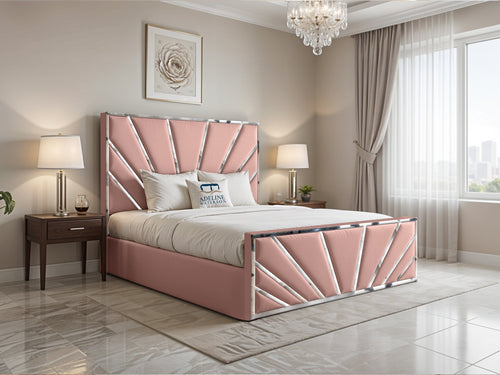 Bostan Silver Sunburst Panel Upholstered Bed Set with Floor Standing Headboard, Footboard & Storage Upgrade Option