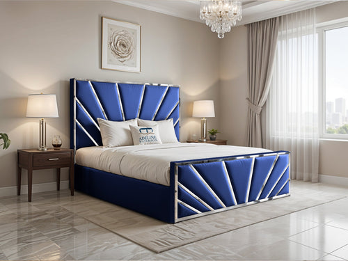 Bostan Silver Sunburst Panel Upholstered Bed Set with Floor Standing Headboard, Footboard & Storage Upgrade Option