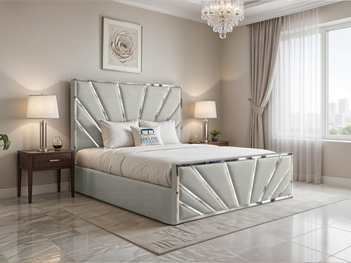 Bostan Silver Sunburst Panel Upholstered Bed Set with Floor Standing Headboard, Footboard & Storage Upgrade Option