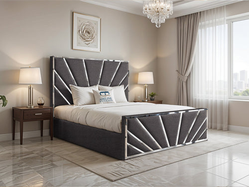 Bostan Silver Sunburst Panel Upholstered Bed Set with Floor Standing Headboard, Footboard & Storage Upgrade Option