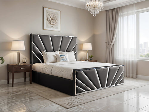 Bostan Silver Sunburst Panel Upholstered Bed Set with Floor Standing Headboard, Footboard & Storage Upgrade Option