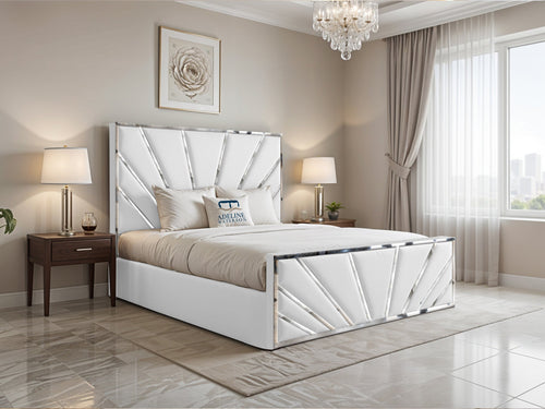 Bostan Silver Sunburst Panel Upholstered Bed Set with Floor Standing Headboard, Footboard & Storage Upgrade Option