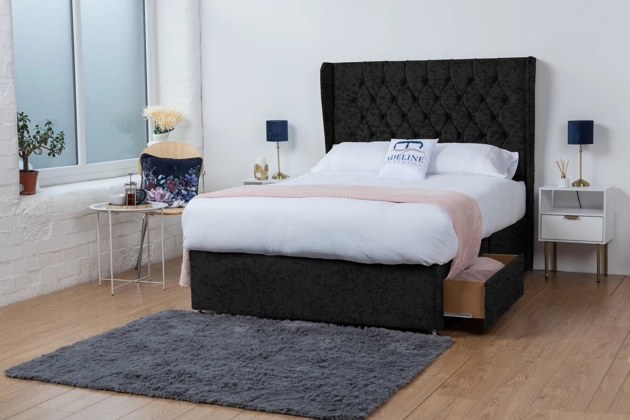 Bridgend Divan Bed - Black Crushed Velvet - Adeline Waterson