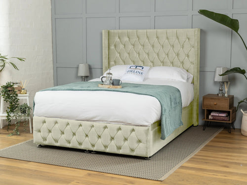 Buckinghamshire Button-Tufted Ottoman End Lift Storage Bed Set with Floor Standing Headboard & Footboard