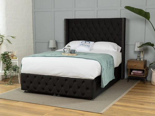 Buckinghamshire Button-Tufted Ottoman End Lift Storage Bed Set with Floor Standing Headboard & Footboard