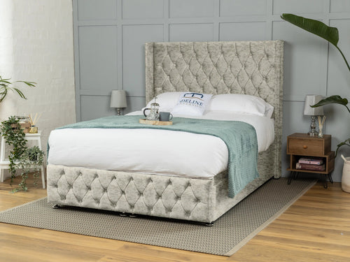 Buckinghamshire Button-Tufted Ottoman End Lift Storage Bed Set with Floor Standing Headboard & Footboard