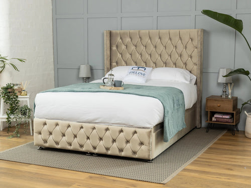 Buckinghamshire Button-Tufted Ottoman End Lift Storage Bed Set with Floor Standing Headboard & Footboard