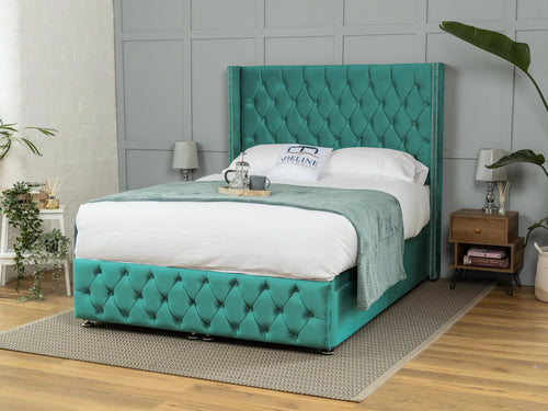 Buckinghamshire Button-Tufted Ottoman End Lift Storage Bed Set with Floor Standing Headboard & Footboard