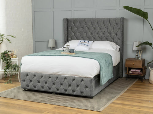 Buckinghamshire Button-Tufted Ottoman End Lift Storage Bed Set with Floor Standing Headboard & Footboard
