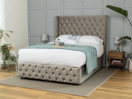 Buckinghamshire Button-Tufted Ottoman End Lift Storage Bed Set with Floor Standing Headboard & Footboard