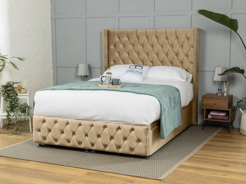 Buckinghamshire Button-Tufted Ottoman End Lift Storage Bed Set with Floor Standing Headboard & Footboard