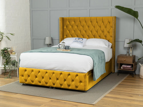 Buckinghamshire Button-Tufted Ottoman End Lift Storage Bed Set with Floor Standing Headboard & Footboard