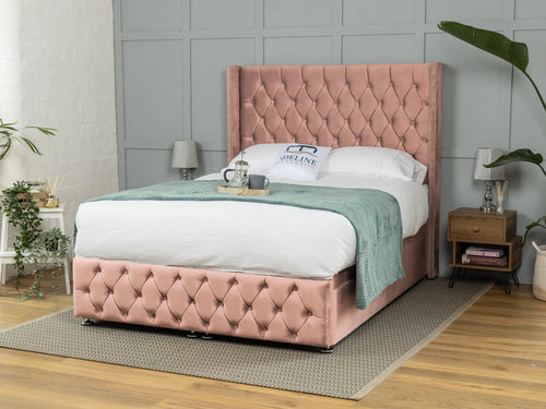 Buckinghamshire Button-Tufted Ottoman End Lift Storage Bed Set with Floor Standing Headboard & Footboard
