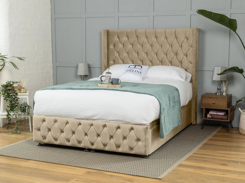 Buckinghamshire Button-Tufted Ottoman End Lift Storage Bed Set with Floor Standing Headboard & Footboard