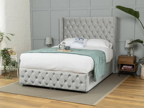 Buckinghamshire Button-Tufted Ottoman End Lift Storage Bed Set with Floor Standing Headboard & Footboard