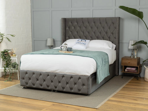 Buckinghamshire Button-Tufted Ottoman End Lift Storage Bed Set with Floor Standing Headboard & Footboard