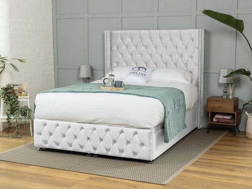 Buckinghamshire Button-Tufted Ottoman End Lift Storage Bed Set with Floor Standing Headboard & Footboard