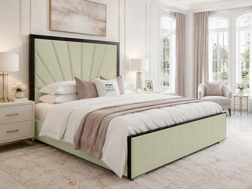 Celeste Sunburst Upholstered Bed Set with Floor Standing Headboard, Footboard & Storage Upgrade Option