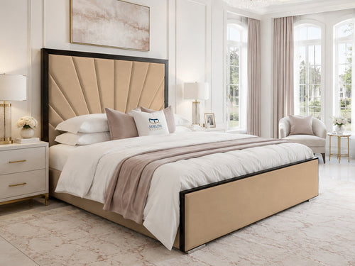 Celeste Sunburst Upholstered Bed Set with Floor Standing Headboard, Footboard & Storage Upgrade Option
