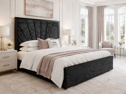 Celeste Sunburst Upholstered Bed Set with Floor Standing Headboard, Footboard & Storage Upgrade Option