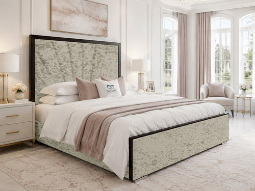 Celeste Sunburst Upholstered Bed Set with Floor Standing Headboard, Footboard & Storage Upgrade Option