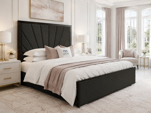 Celeste Sunburst Upholstered Bed Set with Floor Standing Headboard, Footboard & Storage Upgrade Option
