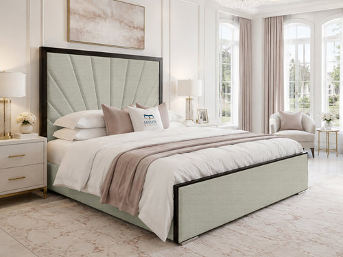 Celeste Sunburst Upholstered Bed Set with Floor Standing Headboard, Footboard & Storage Upgrade Option