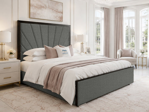 Celeste Sunburst Upholstered Bed Set with Floor Standing Headboard, Footboard & Storage Upgrade Option