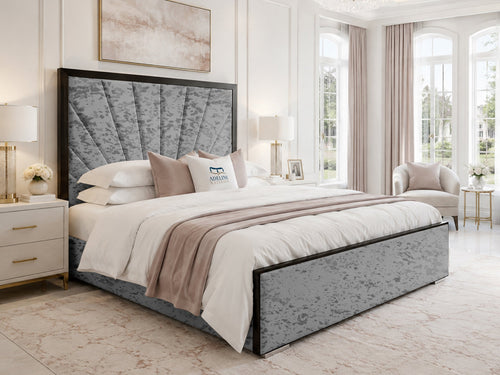 Celeste Sunburst Upholstered Bed Set with Floor Standing Headboard, Footboard & Storage Upgrade Option
