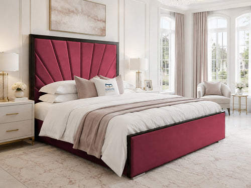 Celeste Sunburst Upholstered Bed Set with Floor Standing Headboard, Footboard & Storage Upgrade Option