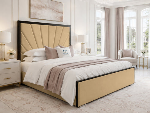 Celeste Sunburst Upholstered Bed Set with Floor Standing Headboard, Footboard & Storage Upgrade Option