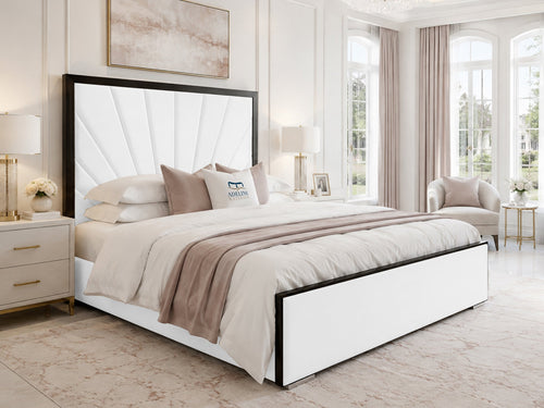 Celeste Sunburst Upholstered Bed Set with Floor Standing Headboard, Footboard & Storage Upgrade Option