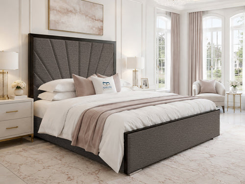 Celeste Sunburst Upholstered Bed Set with Floor Standing Headboard, Footboard & Storage Upgrade Option