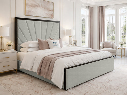 Celeste Sunburst Upholstered Bed Set with Floor Standing Headboard, Footboard & Storage Upgrade Option