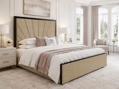 Celeste Sunburst Upholstered Bed Set with Floor Standing Headboard, Footboard & Storage Upgrade Option