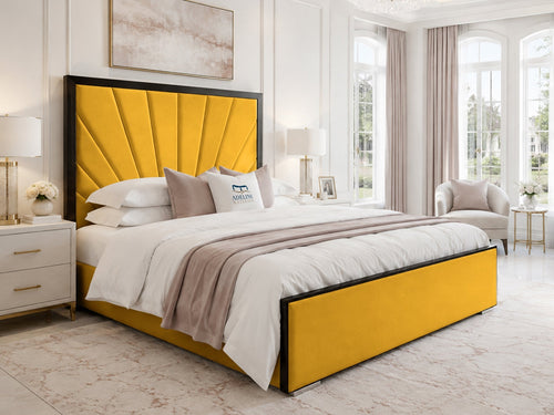 Celeste Sunburst Upholstered Bed Set with Floor Standing Headboard, Footboard & Storage Upgrade Option