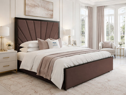 Celeste Sunburst Upholstered Bed Set with Floor Standing Headboard, Footboard & Storage Upgrade Option