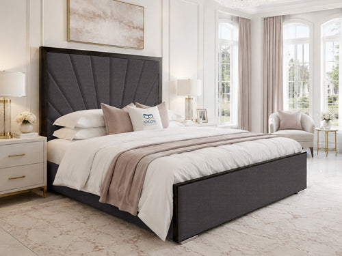 Celeste Sunburst Upholstered Bed Set with Floor Standing Headboard, Footboard & Storage Upgrade Option
