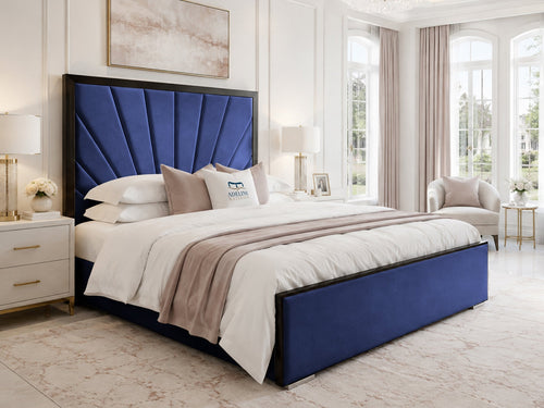 Celeste Sunburst Upholstered Bed Set with Floor Standing Headboard, Footboard & Storage Upgrade Option